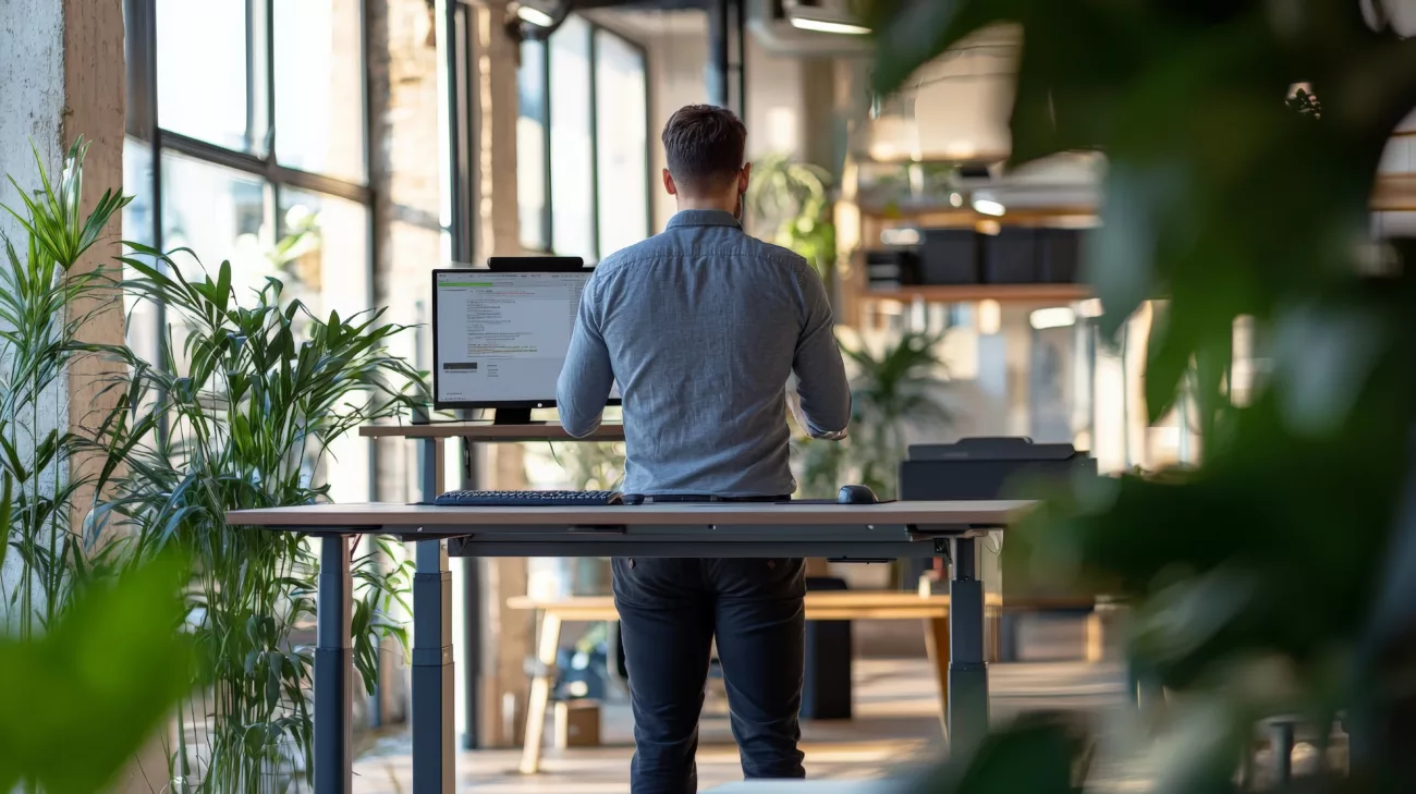vous toujours visuels original name 14 a standing desk in use, showing ergonomic design aimed at reducing sedentary work related issues